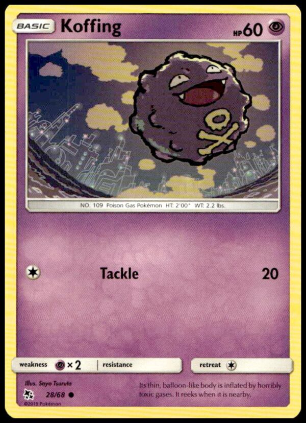 2019 Pokémon Hidden Fates Koffing card #28/68 with vibrant design and collectible features.