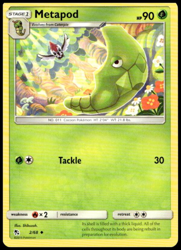 Metapod in lush forest – 2019 Hidden Fates Pokémon card #2/68, Sun & Moon series.