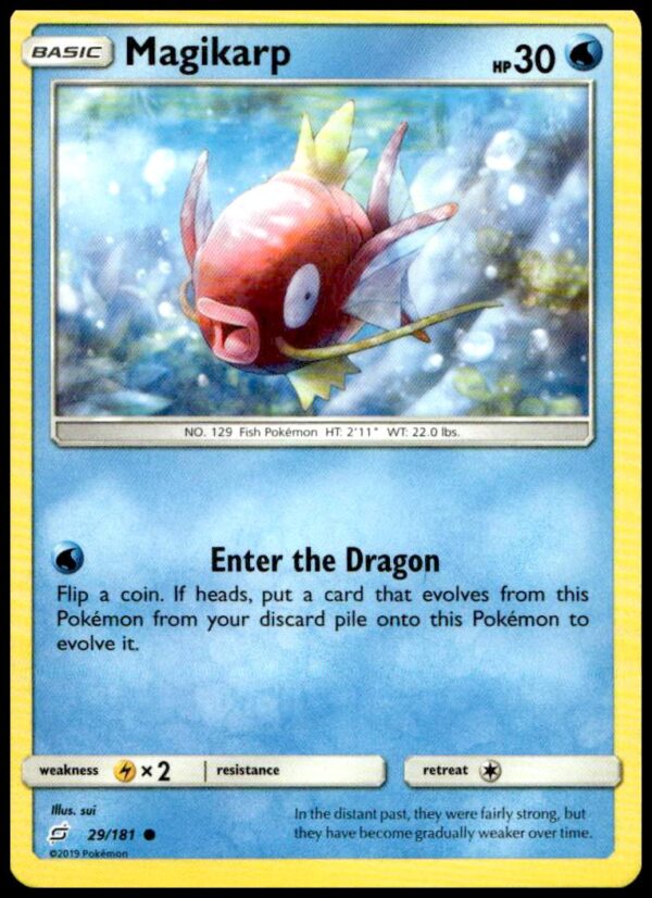 2019 Pokémon Team Up Magikarp card, vibrant artwork, Sun & Moon set #29/181.