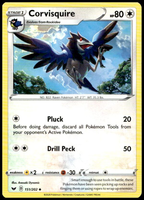 Corvisquire card from 2020 Sword & Shield set, featuring artwork and stats, card #151/202.