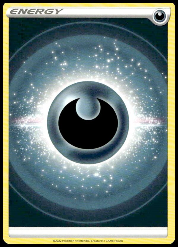 Darkness Energy card from Pokémon Sword & Shield 2020, featuring a dark orb on a vibrant background.