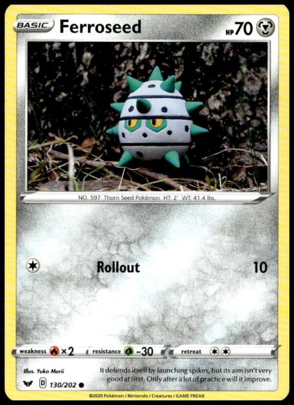 Ferroseed Pokémon Card #130/202 from 2020 Sword & Shield Base Set, featuring metallic design.