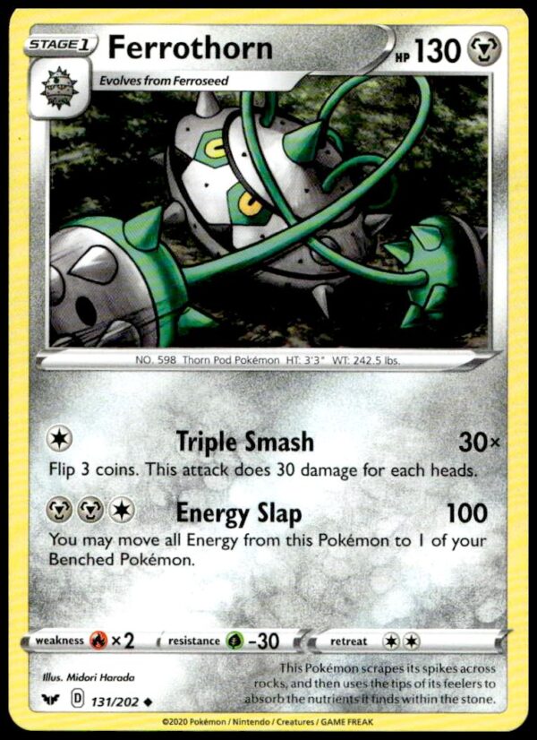 Front view of 2020 Ferrothorn Pokémon card from Sword & Shield Base Set.
