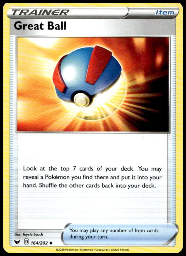 Great Ball card from 2020 Sword & Shield Base Set, number 164/202, with vivid design.