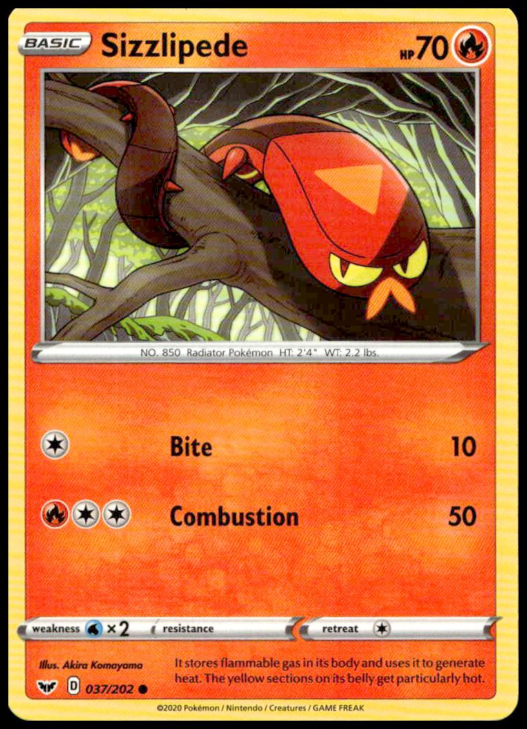 Sizzlipede Pokémon card, Sword & Shield Base Set 2020, number 037/202, vivid artwork.