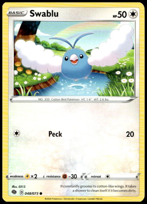 Swablu Pokémon card from 2020 Champions Path, vibrant artwork, Sword & Shield series #048/073.