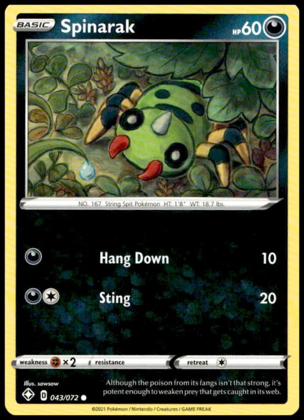 Spinarak Pokémon card, 2020 Darkness Ablaze, Sword & Shield series, vibrant artwork #043/072.