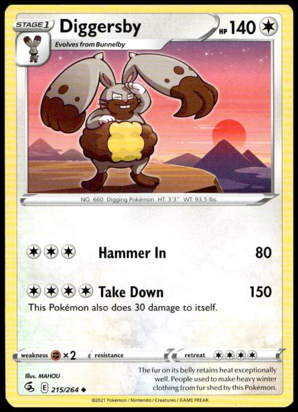 2020 Pokémon Rebel Clash Diggersby card, #215/264, action illustration, detailed stats.