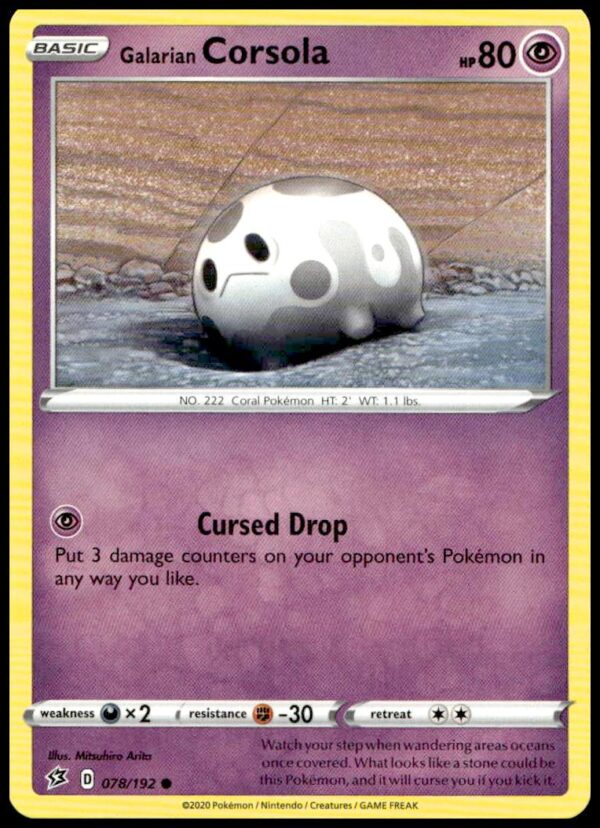 Galarian Corsola Rebel Clash card, 2020, features unique artwork and stats, #078/192.