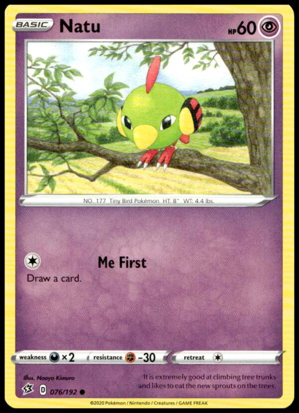 Natu Pokémon Card, 2020 Rebel Clash #076/192, vibrant design and Psychic-type features.