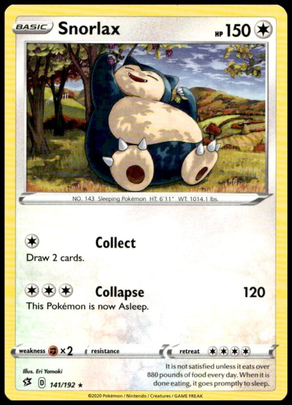 Snorlax card from 2020 Rebel Clash set, #141/192, featuring vibrant artwork and stats.