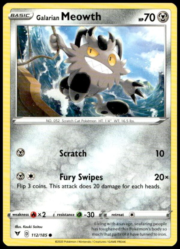 Galarian Meowth Pokémon card, Vivid Voltage series 2020, card number 112/185, front view.