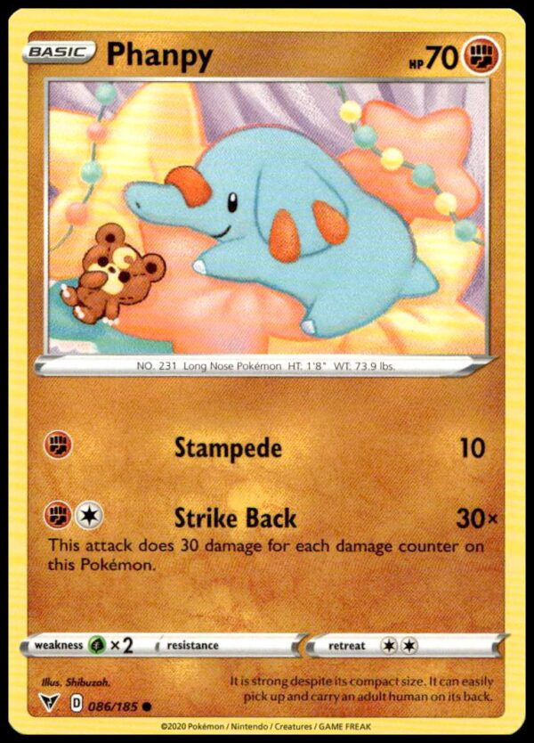 Vivid Voltage Phanpy Card 2020: Playful design, vibrant colors, #086/185, Pokémon series.