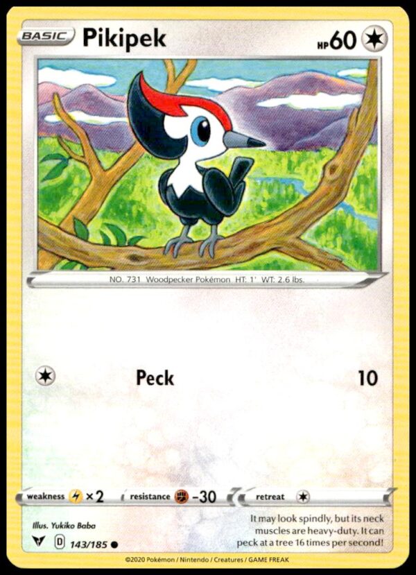 Pikipek card from 2020 Vivid Voltage set, number 143/185, vibrant artwork, gameplay stats.