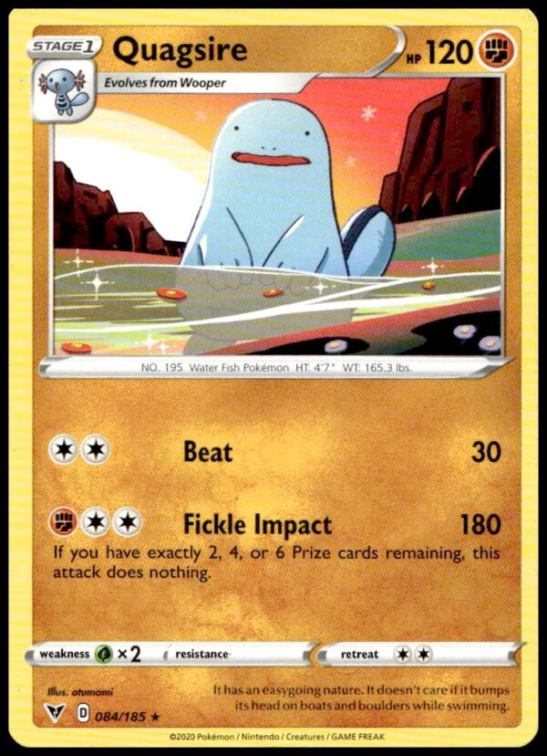 Quagsire Pokémon Card 2020, Vivid Voltage Set, Water/Ground Type, Card #084/185.