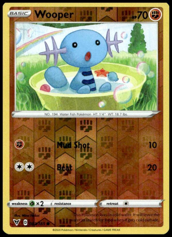 Wooper card from 2020 Pokémon Vivid Voltage, Sword & Shield series, featuring vibrant artwork.
