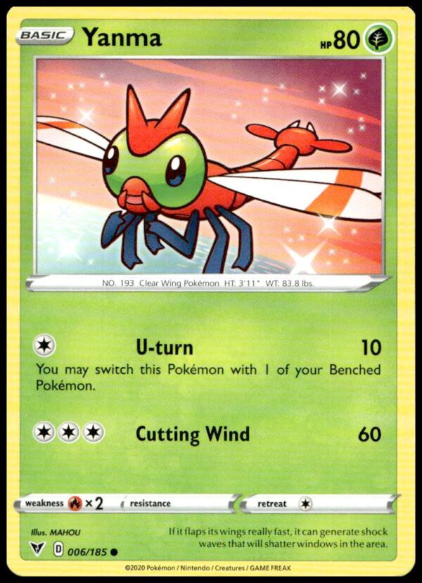 Yanmega Vivid Voltage Pokémon card, 2020, featuring vibrant artwork and detailed stats.