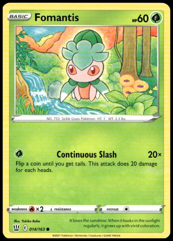 Fomantis in a vibrant forest scene, Pokémon Sword & Shield Battle Styles card 014/163.