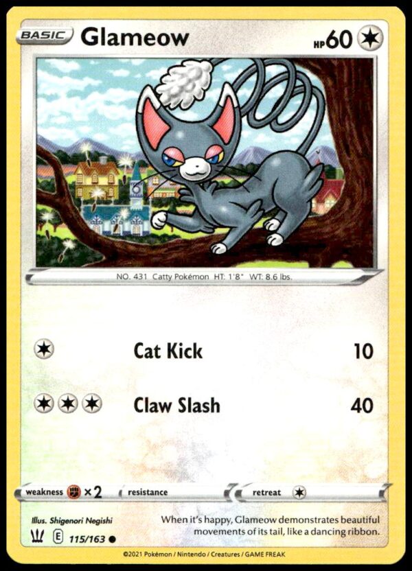 Glameow Pokémon TCG card 2021: striking artwork and key stats from Battle Styles set.