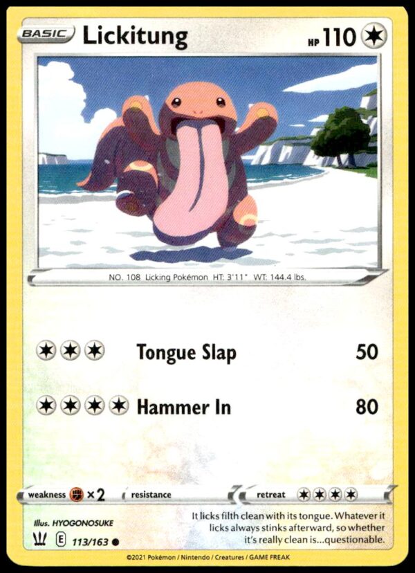 Lickitung Pokémon Card: 2021 Battle Styles, #113/163, features vibrant art and collectible appeal.
