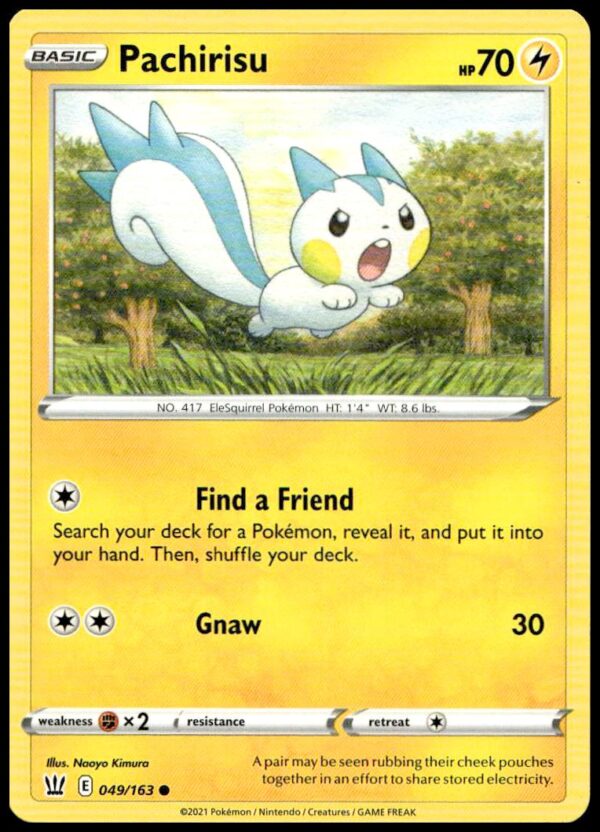 Pachirisu Pokémon card from 2021 Sword & Shield Battle Styles, featuring vibrant artwork and stats.