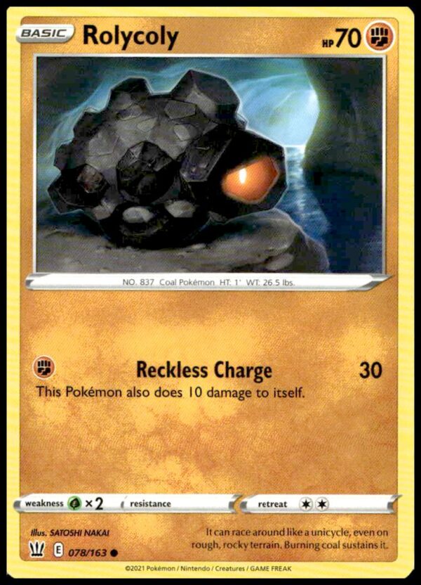 Rolycoly Pokémon Card 2021, Sword & Shield Battle Styles, #078/163, front view.