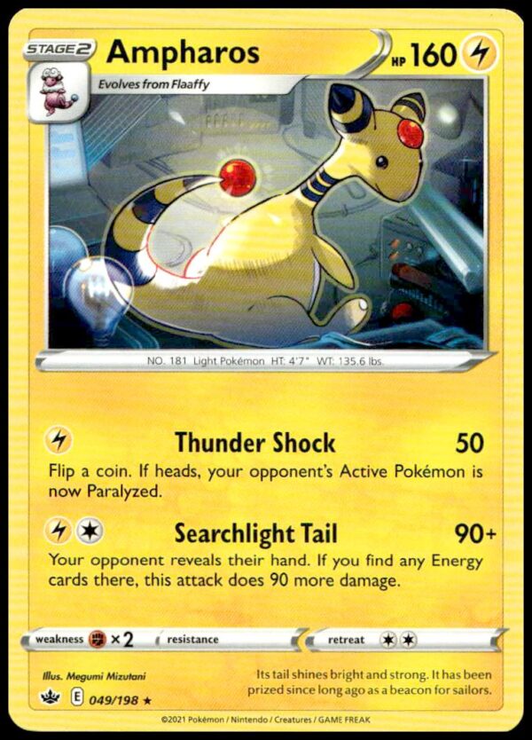 Ampharos Pokémon Card 2021: Chilling Reign, Electric Type, Dynamic Yellow/Black Design. #049/198.