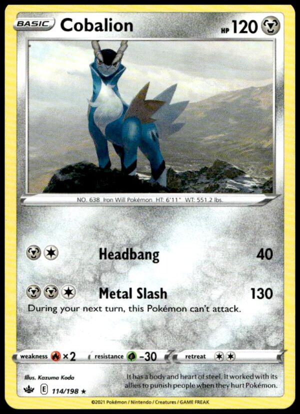 Cobalion Pokémon Card 114/198, 2021 Chilling Reign set, featuring dynamic Legendary Pokémon.