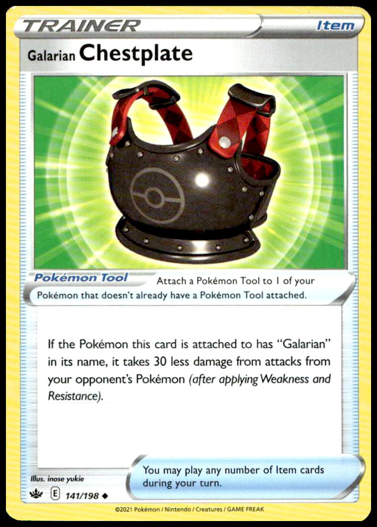 Galarian Chestplate Pokémon Card, Chilling Reign Series, 2021, #141/198, detailed armor artwork.
