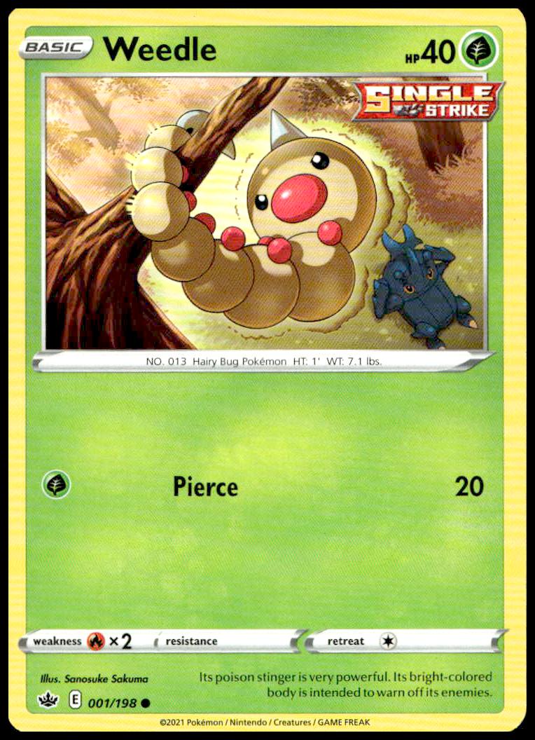 Weedle Pokémon card, Chilling Reign 2021, vibrant bug-type art, card #001/198.