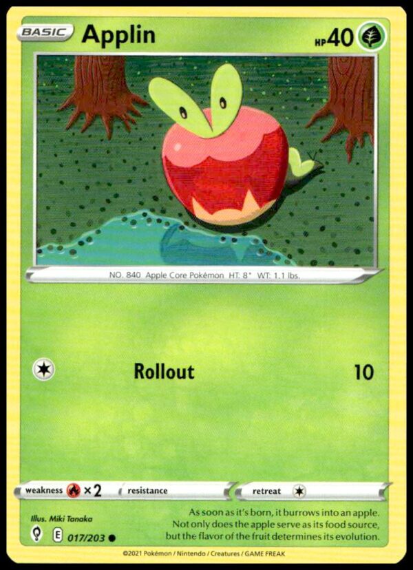 Applin Pokémon card, 2021 Evolving Skies, vibrant Grass/Dragon design, #017/203.