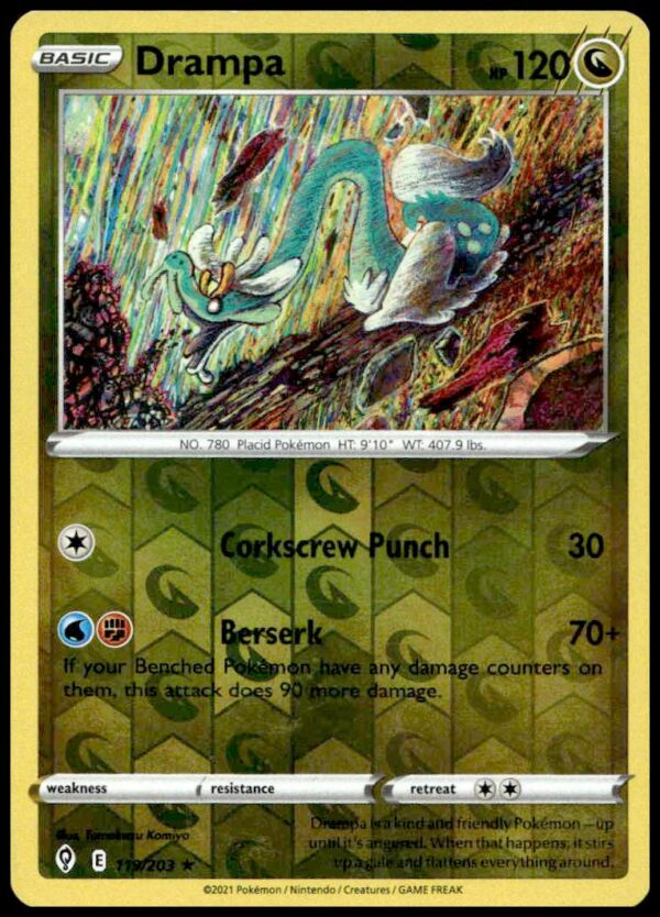 Drampa Pokémon Card, Evolving Skies, Sword & Shield Series, 2021, Card #119 of 203.