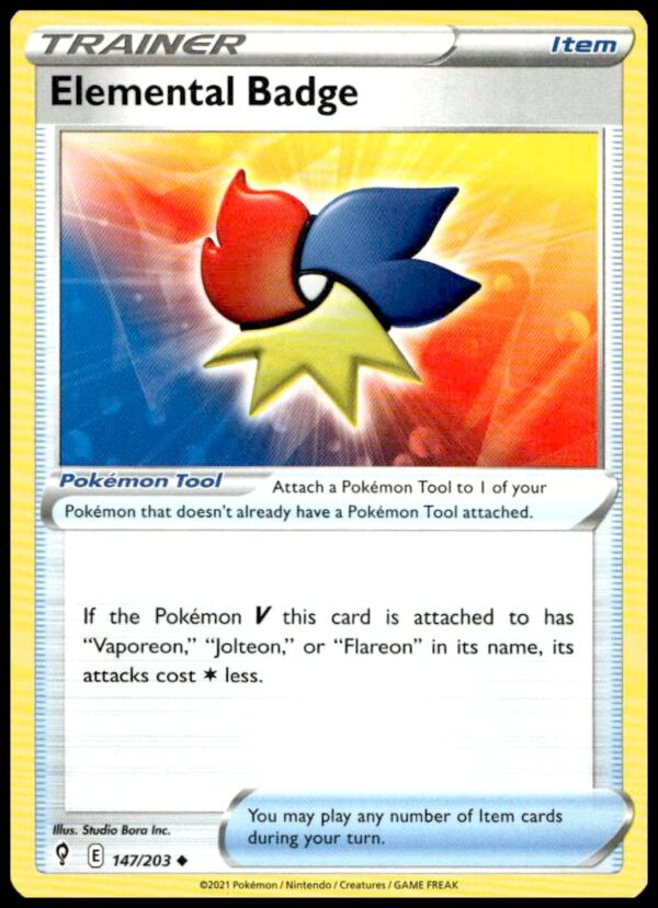 Elemental Badge Pokémon card from Evolving Skies 2021, boosts abilities, card #147/203.