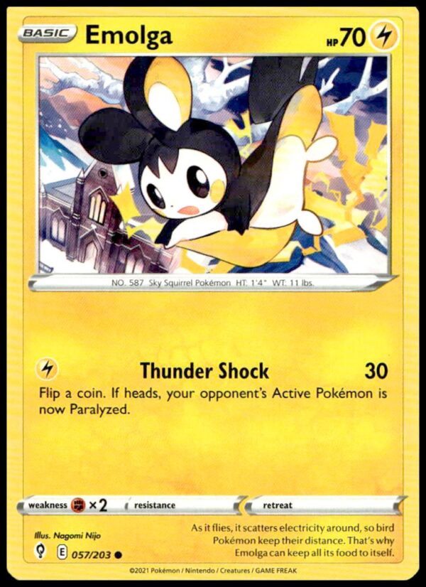 Emolga 2021 Evolving Skies Pokémon Card #057/203 with vibrant design.