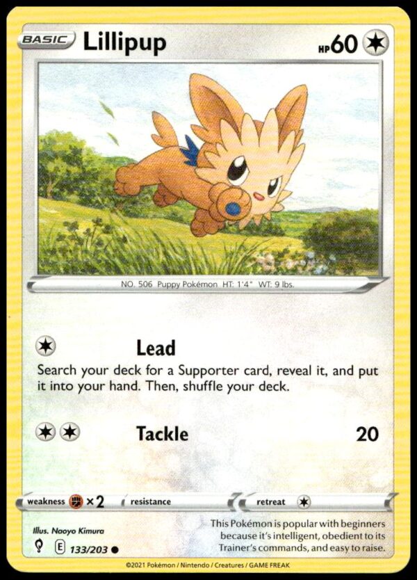 Lillipup Pokémon card from Evolving Skies, detailed art, collectible #133/203.