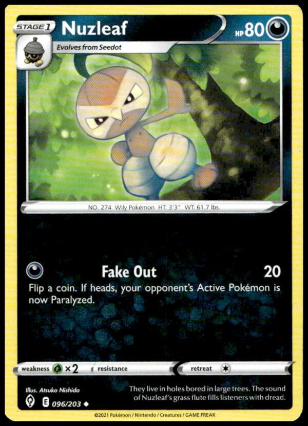 Nuzleaf Pokémon card from 2021 Evolving Skies set, featuring Grass/Dark-type in forest scene.
