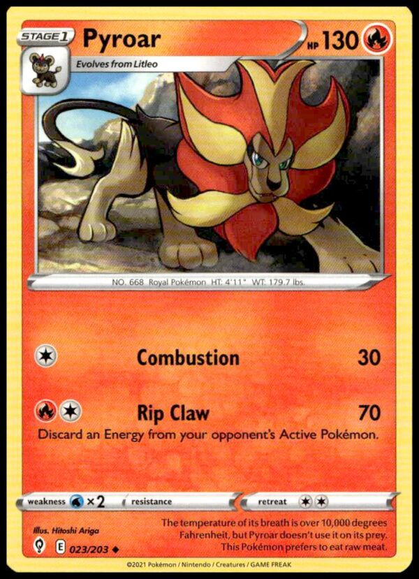 Pyroar Pokémon card from Evolving Skies, featuring a majestic mane, card #023/203, 2021.