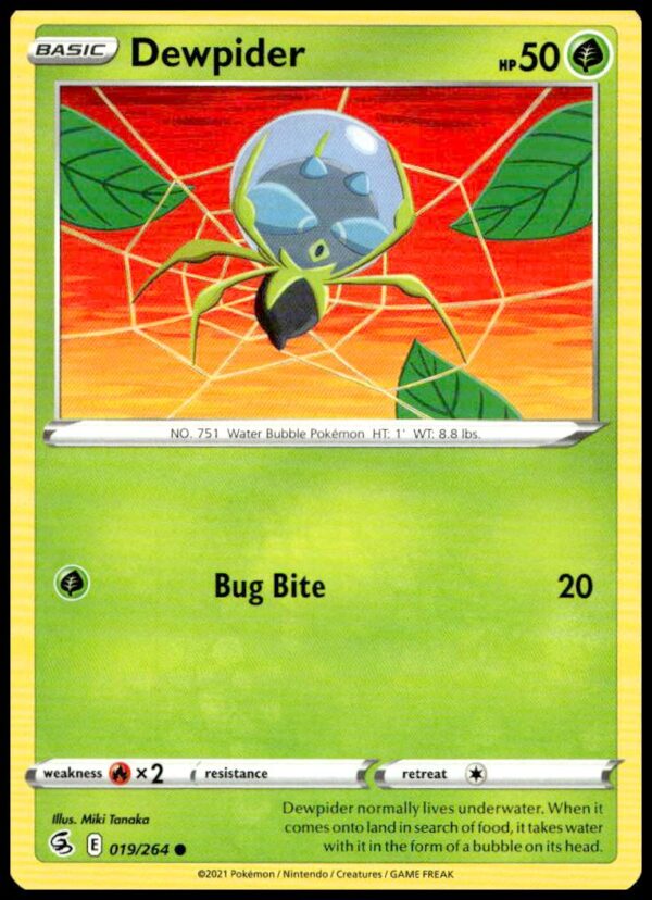 Dewpider Fusion Strike 2021 Pokémon Card, action-packed water display, #019/264.