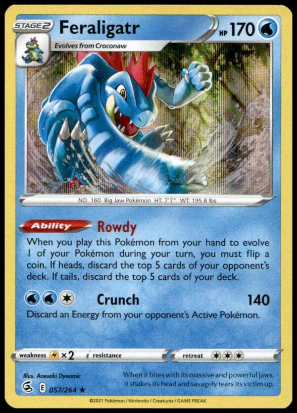 Dynamic Feraligatr Holo Card, Pokémon Fusion Strike 2021, vibrant design, #057/264.