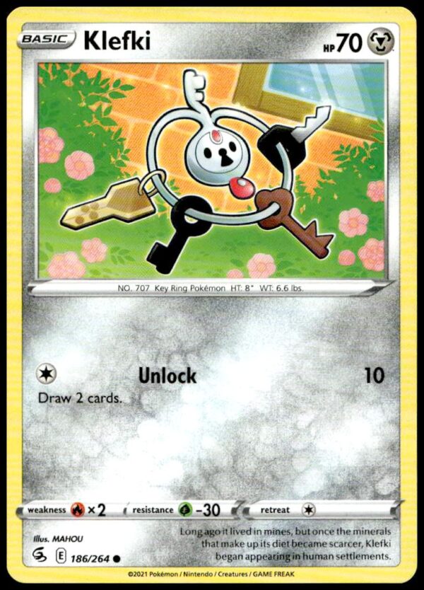 2021 Klefki Fusion Strike Pokémon Card: Vibrant Design, Card #186/264.