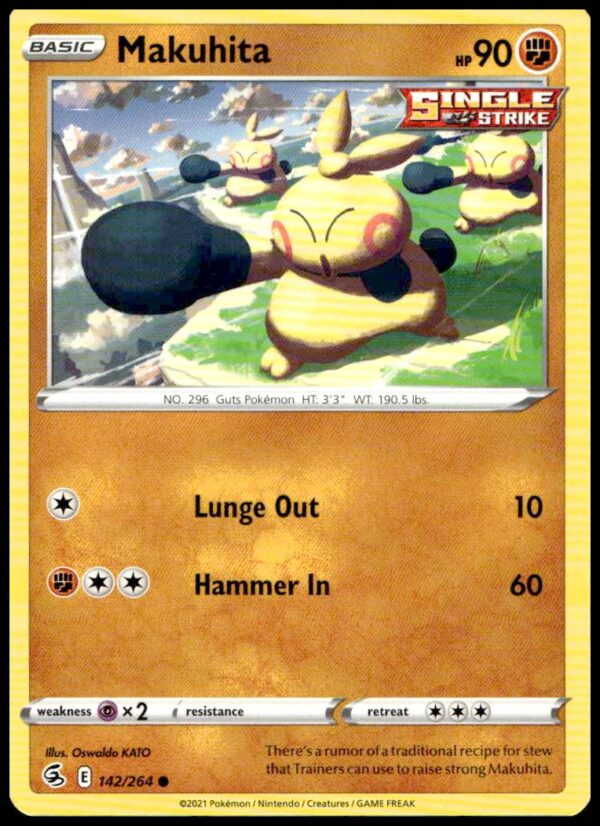 2021 Pokémon Fusion Strike Makuhita card, dynamic pose, vibrant artwork.