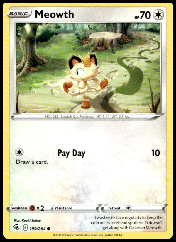 2021 Pokémon Fusion Strike Meowth card #199/264, vibrant artwork, Sword & Shield series.