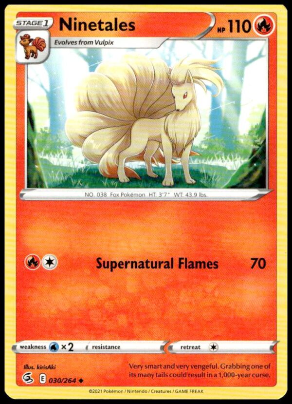 Ninetales Fusion Strike Pokémon card, 2021, vibrant art, Sword & Shield series, #030/264.
