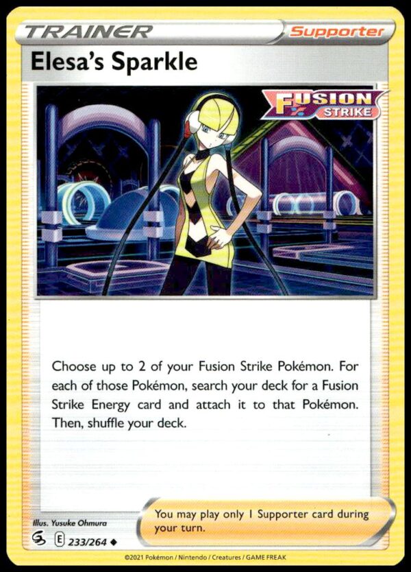 Oricorio Pokémon card, 2021 Fusion Strike, vibrant art, detailed stats, #233/264 Sword & Shield series.