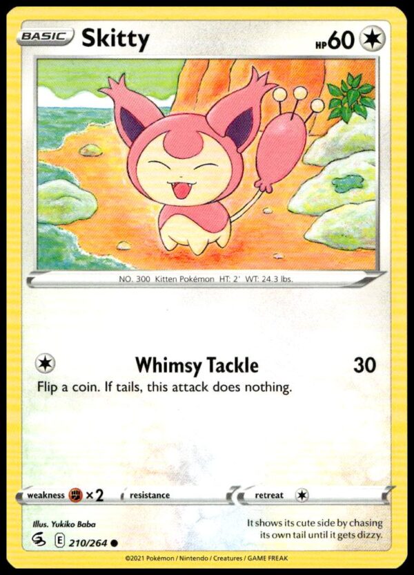 2021 Fusion Strike Skitty card with playful artwork, #210/264, collectible Pokémon TCG.