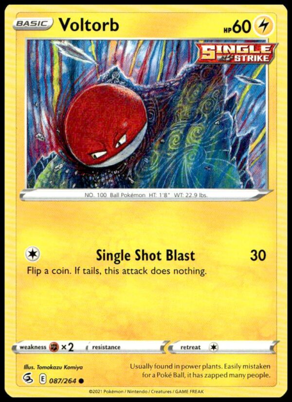 Voltorb Pokémon card from 2021 Fusion Strike set with electric artwork and game stats.