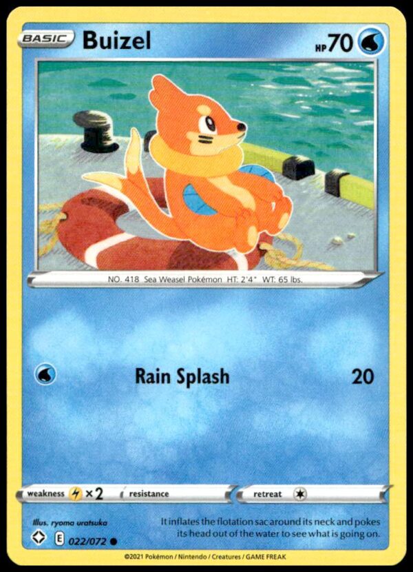 2021 Shining Fates Buizel Pokémon card #022/072, vibrant Water-type collectible.