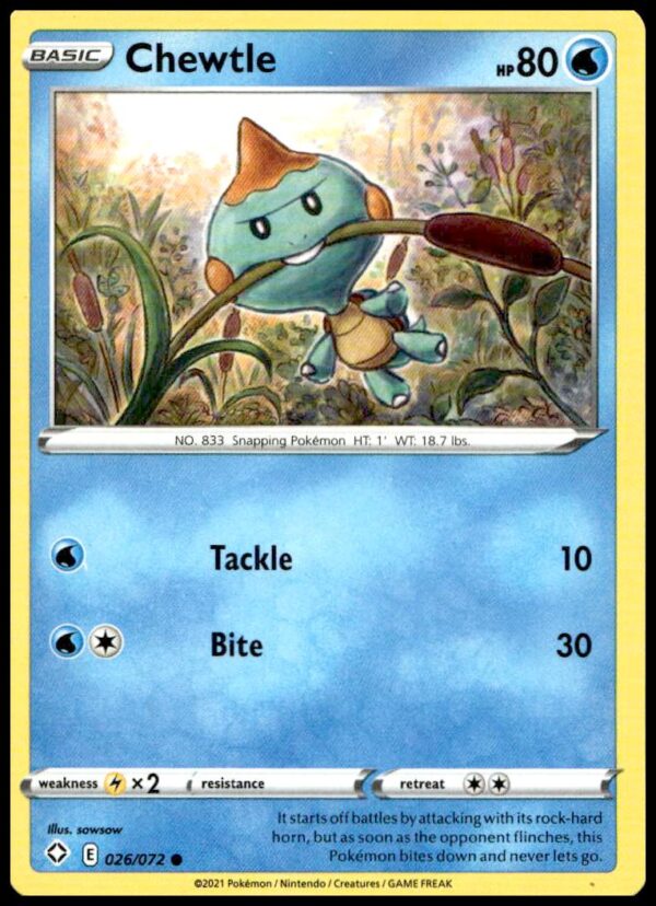 2021 Shining Fates Chewtle Pokémon card, #026/072, vibrant design with green turtle-like Pokémon.
