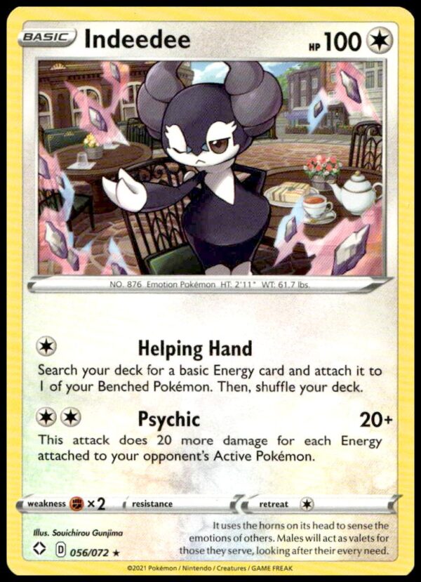 Shining Fates Indeedee Pokémon Card 2021: Vibrant design and stats, card #056/072.