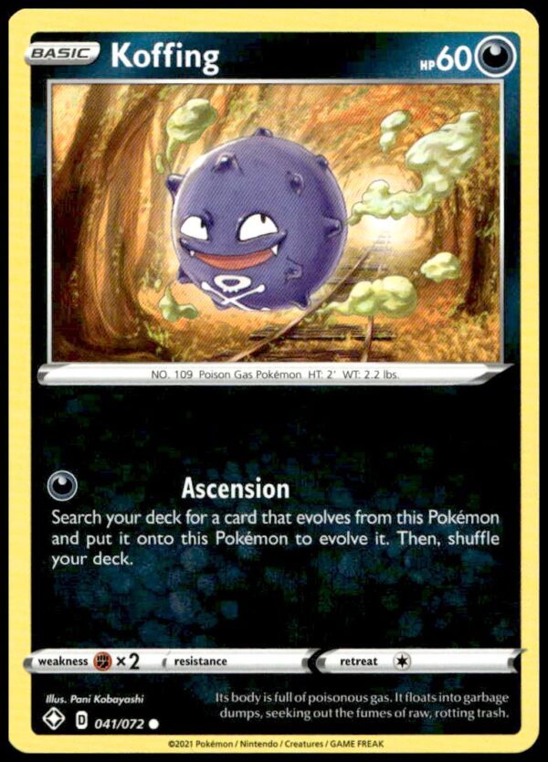 Koffing Pokémon Card 2021: Shining Fates vibrant artwork, dynamic background, #041/072.